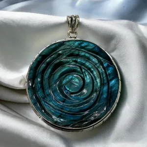 ROSE Carved Labradorite Solid 925 Sterling Silver Pendant