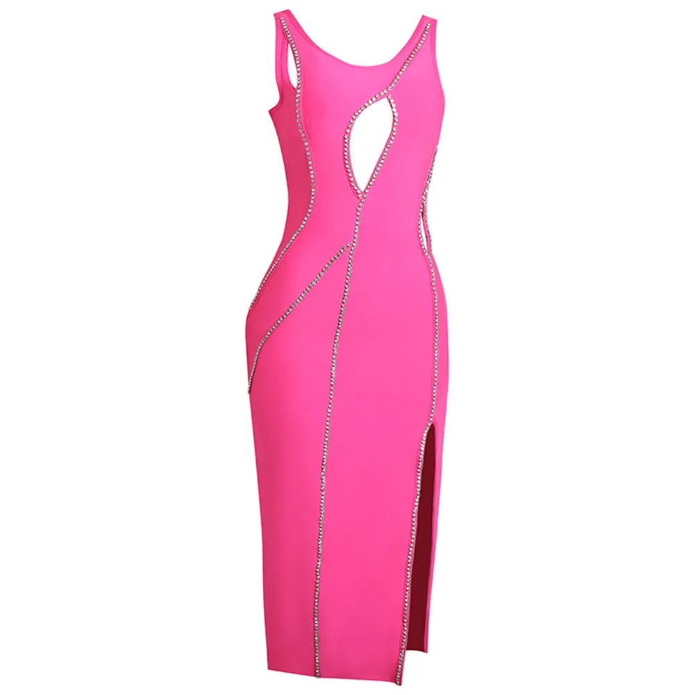 Round Neck Sleeveless Rhinestone Midi Bandage Dress PZC2323