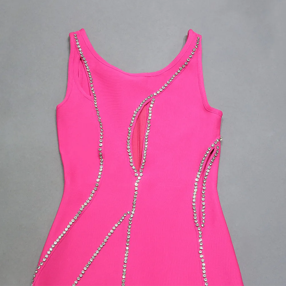Round Neck Sleeveless Rhinestone Midi Bandage Dress PZC2323