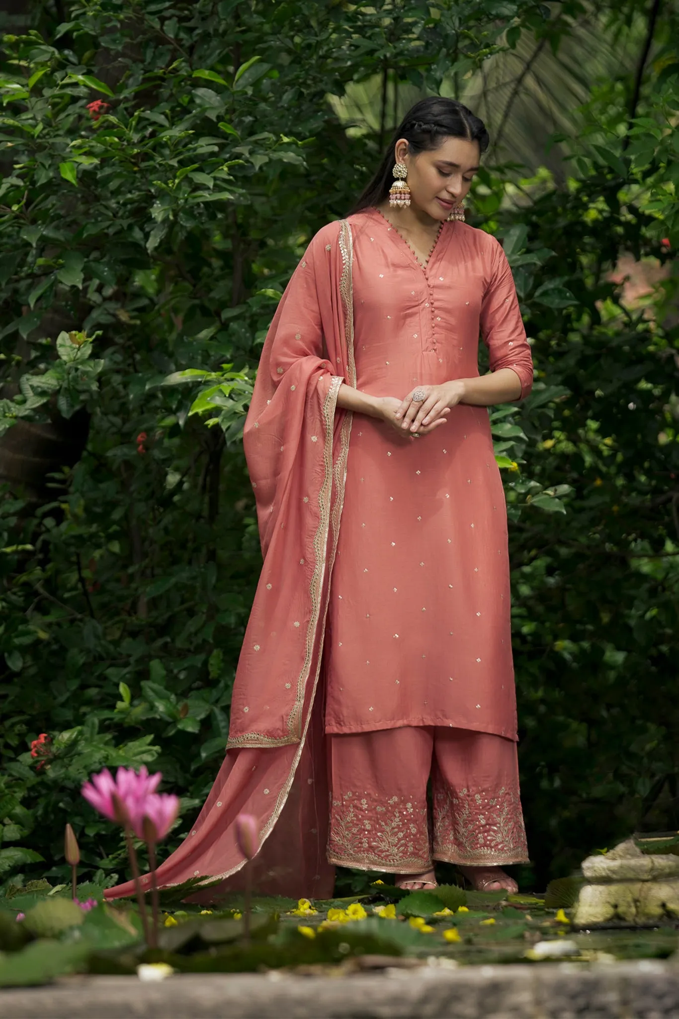 Salmon Pink Suit Set with Organza Dupatta