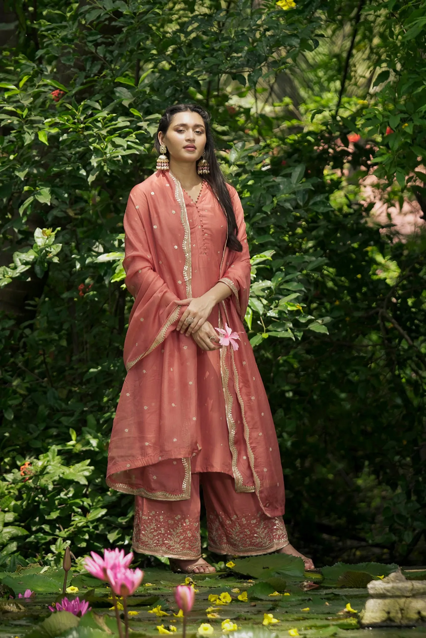 Salmon Pink Suit Set with Organza Dupatta