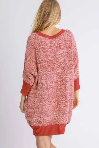 Scarlet Ribbed Hem Round Neck 3/4 Sleeve Sweater Dress with Pockets