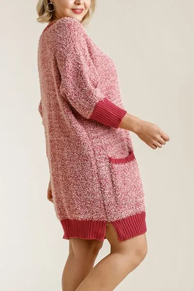Scarlet Ribbed Hem Round Neck 3/4 Sleeve Sweater Dress with Pockets
