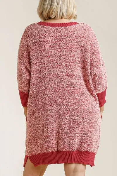 Scarlet Ribbed Hem Round Neck 3/4 Sleeve Sweater Dress with Pockets
