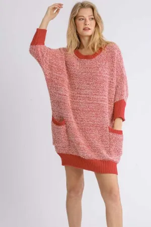 Scarlet Ribbed Hem Round Neck 3/4 Sleeve Sweater Dress with Pockets