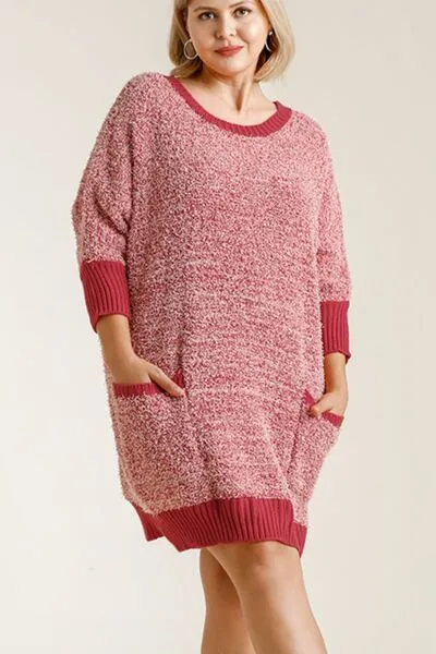 Scarlet Ribbed Hem Round Neck 3/4 Sleeve Sweater Dress with Pockets