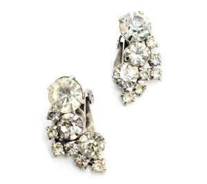 Script Coro signed Clear rhinestone vintage clip on cluster earrings mid century