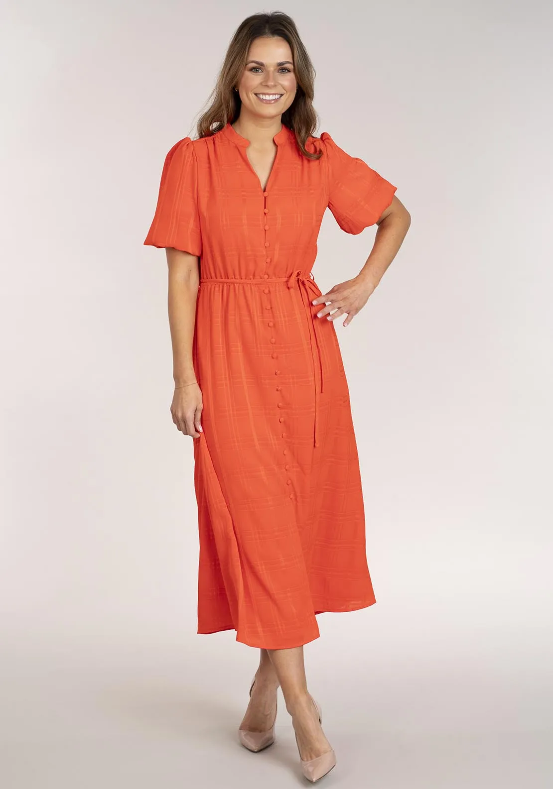 Short Sleeve Dress With Buttons - Orange