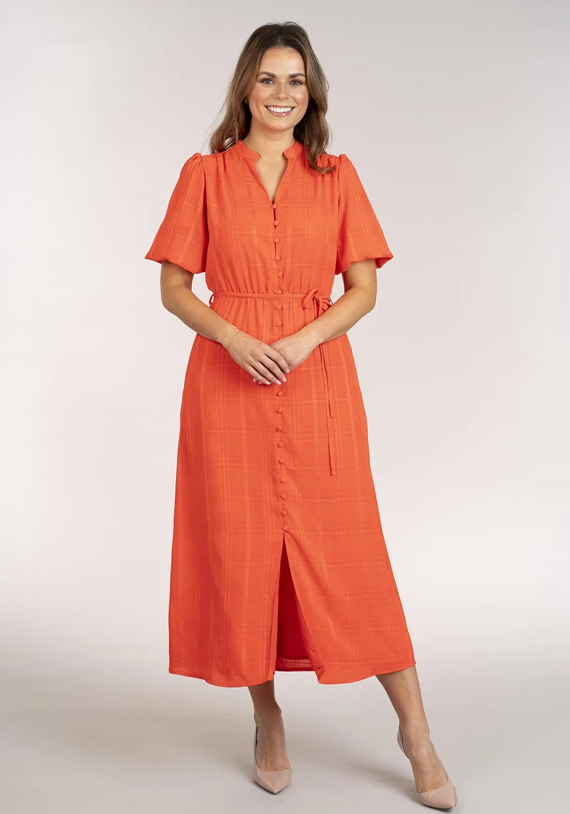 Short Sleeve Dress With Buttons - Orange