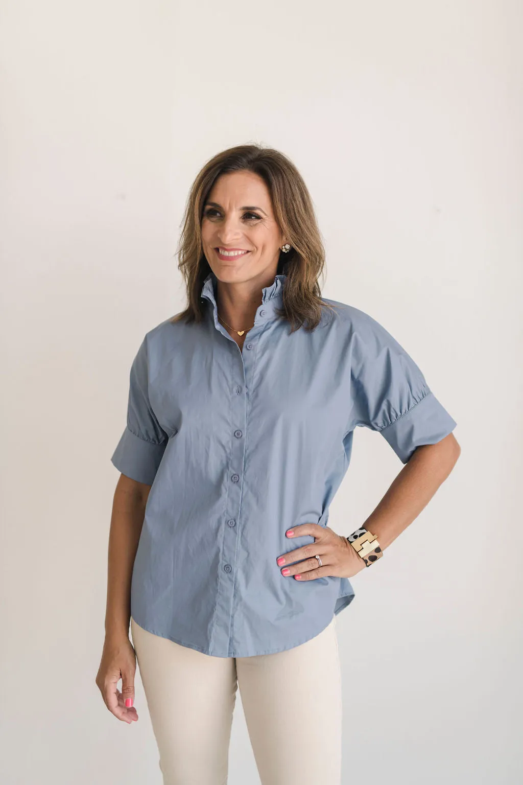 Short Sleeve Ruffle Shirt Stormy Blue