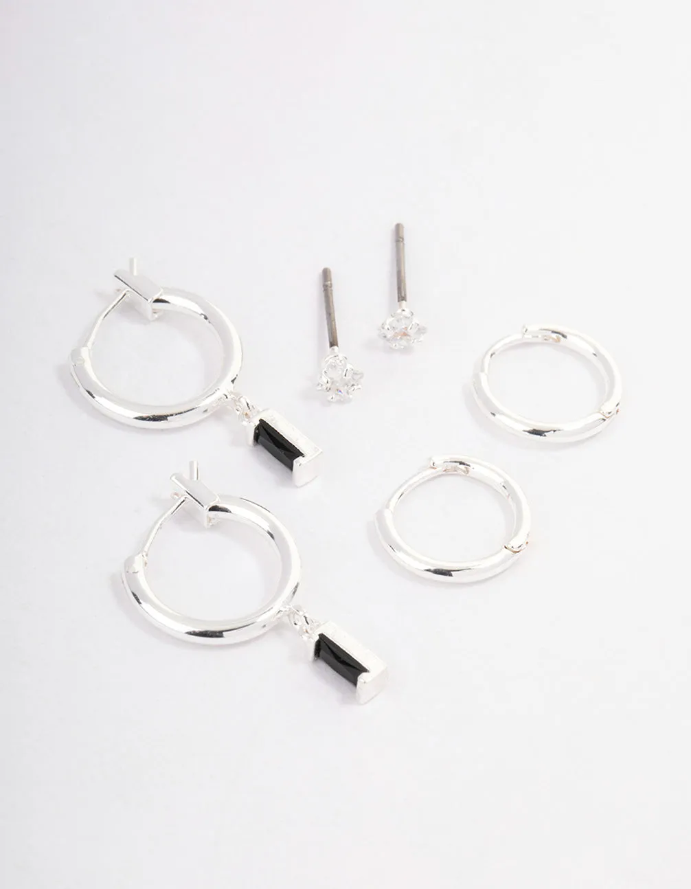 Silver Plated Brass  Cubic Zirconia Huggie Earrings Pack