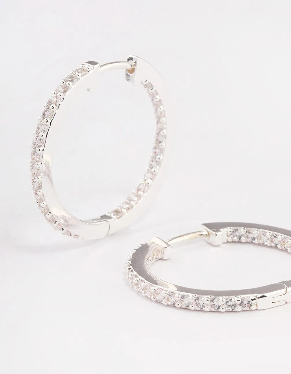 Silver Plated Brass  Cubic Zirconia Pave Huggie Hoop Earrings