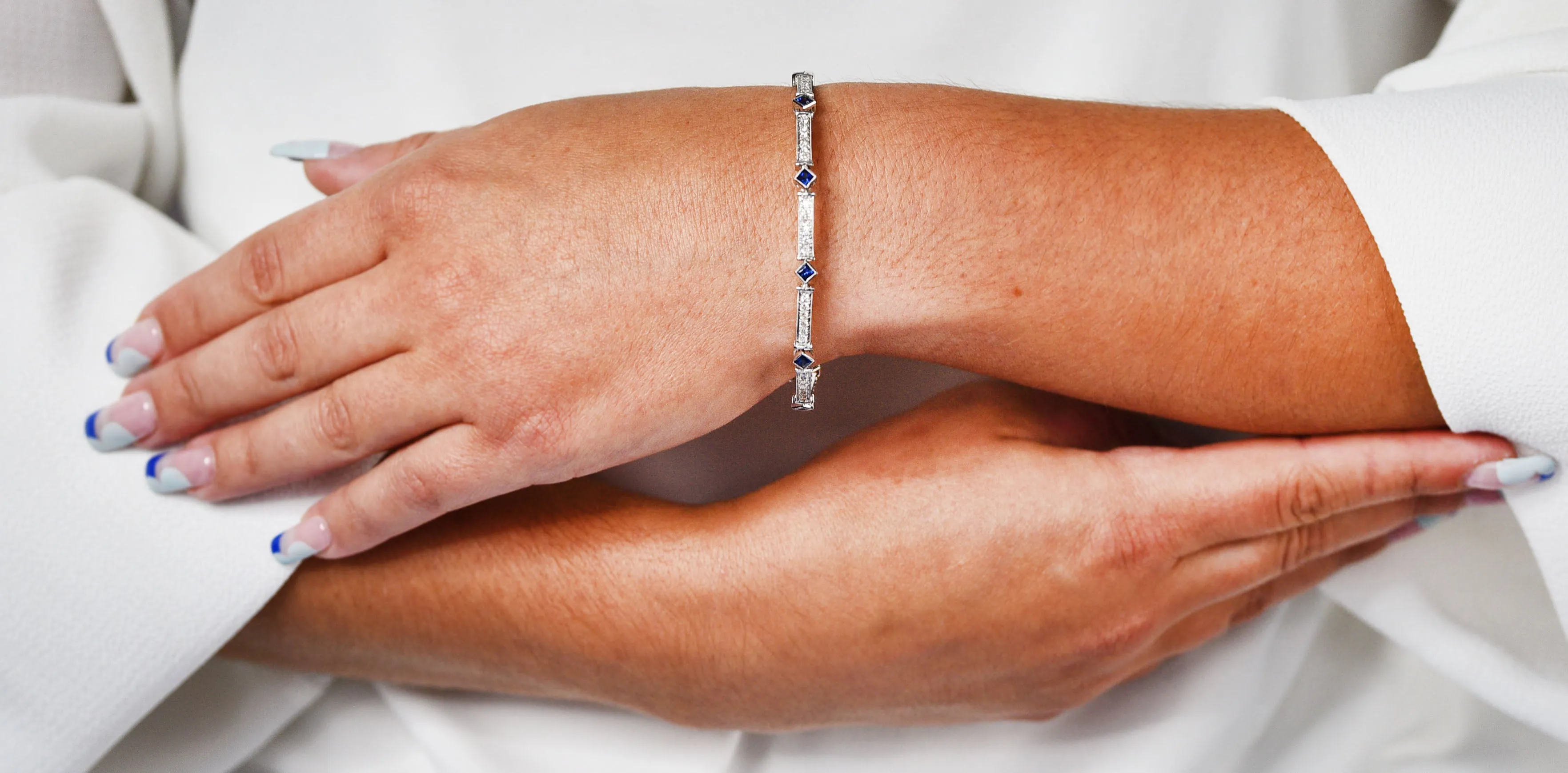Simon G. 2.51 CTW Diamond Sapphire 18 Karat White Gold Line Bracelet