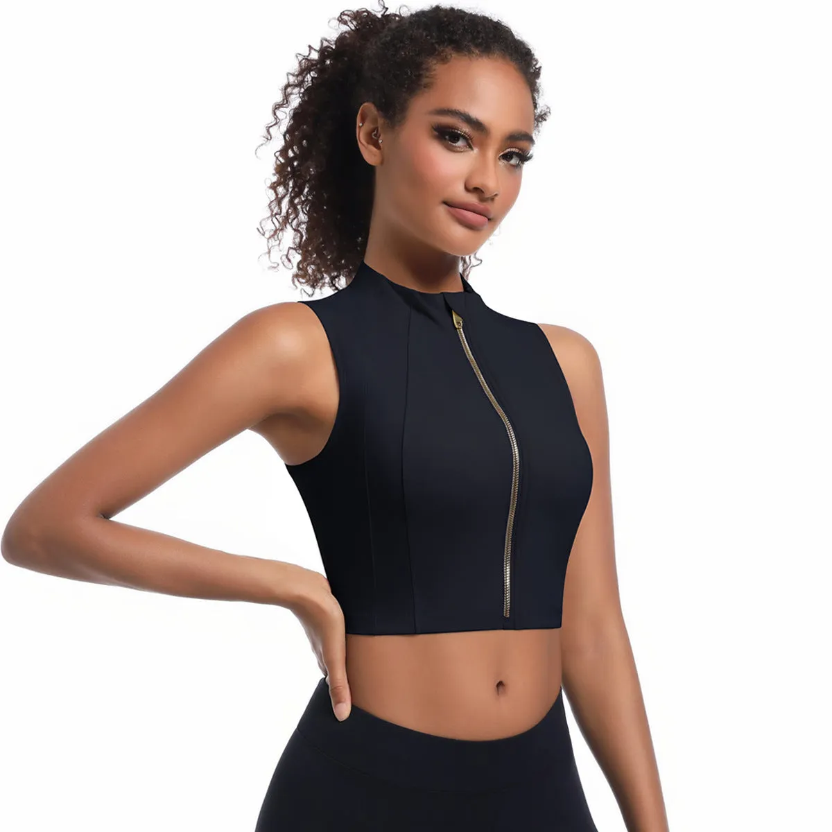 Sleek High-Neck Sleeveless Zip-Up Sports Top for Active Performance