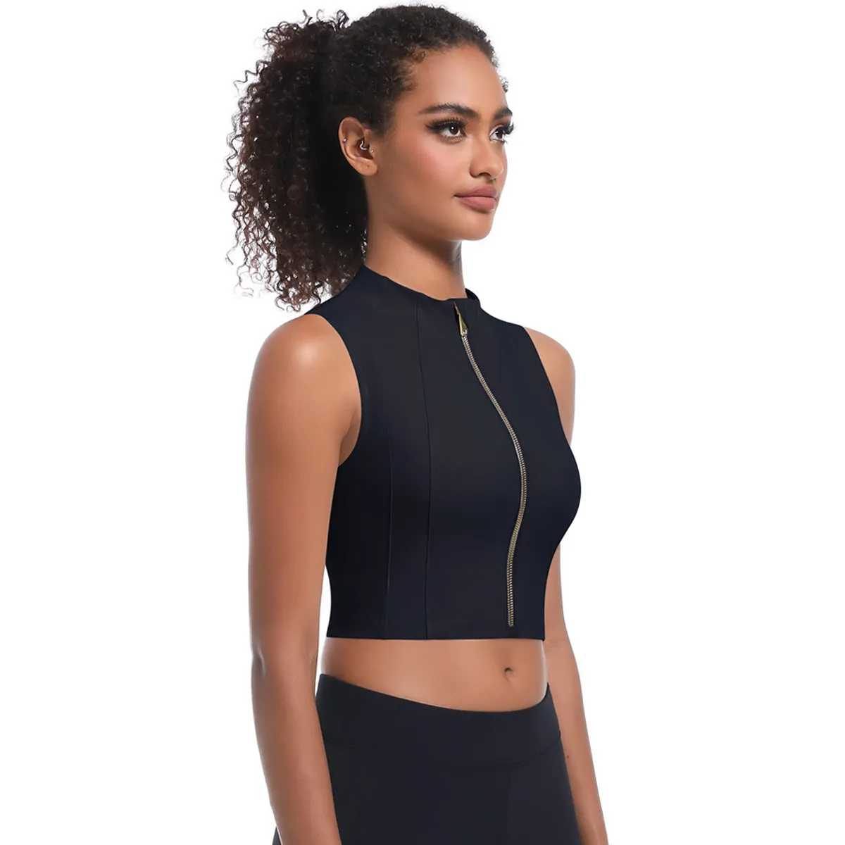 Sleek High-Neck Sleeveless Zip-Up Sports Top for Active Performance