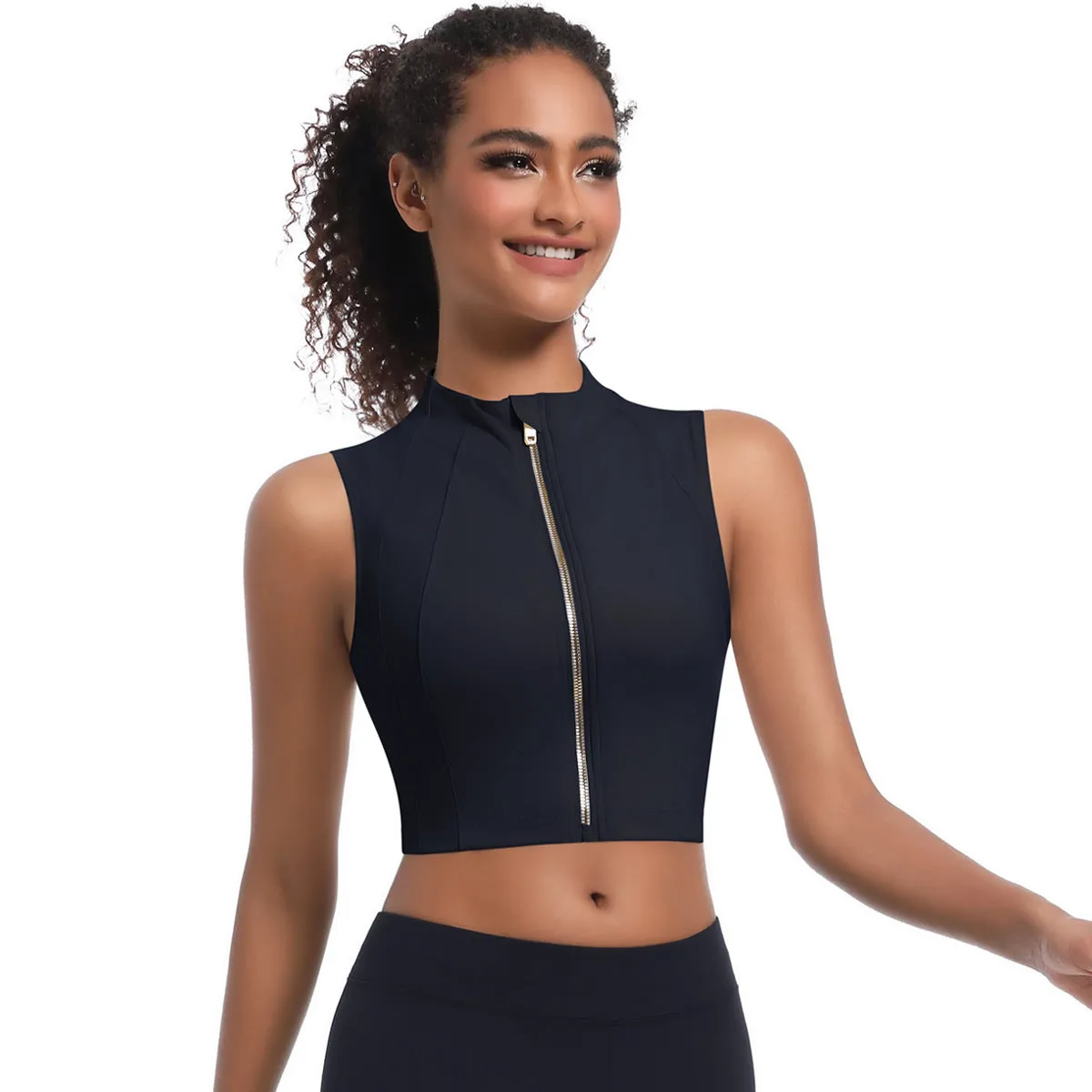Sleek High-Neck Sleeveless Zip-Up Sports Top for Active Performance