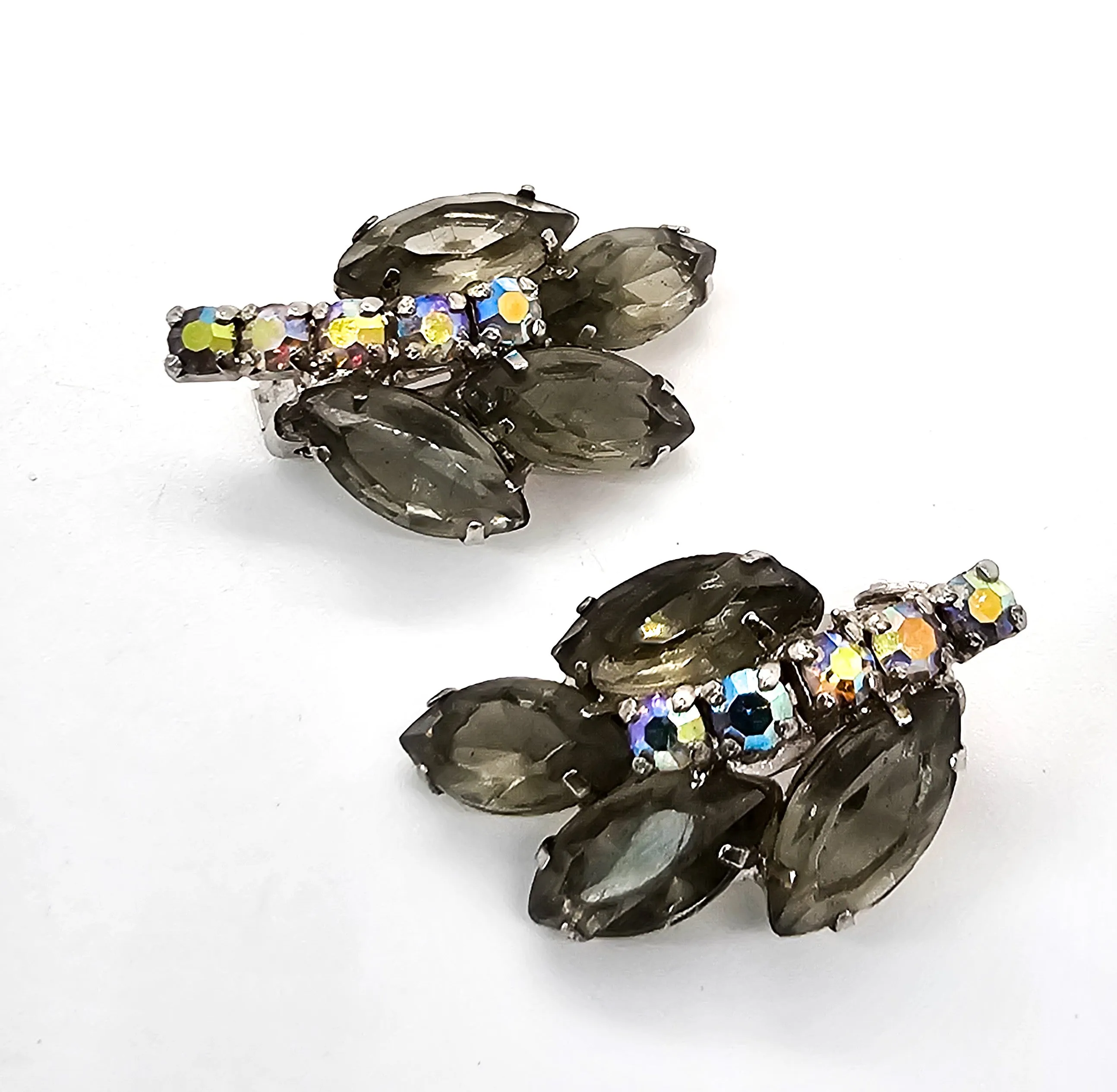 Smokey grey leaf Aurora Borealis mid century vintage clip on earrings