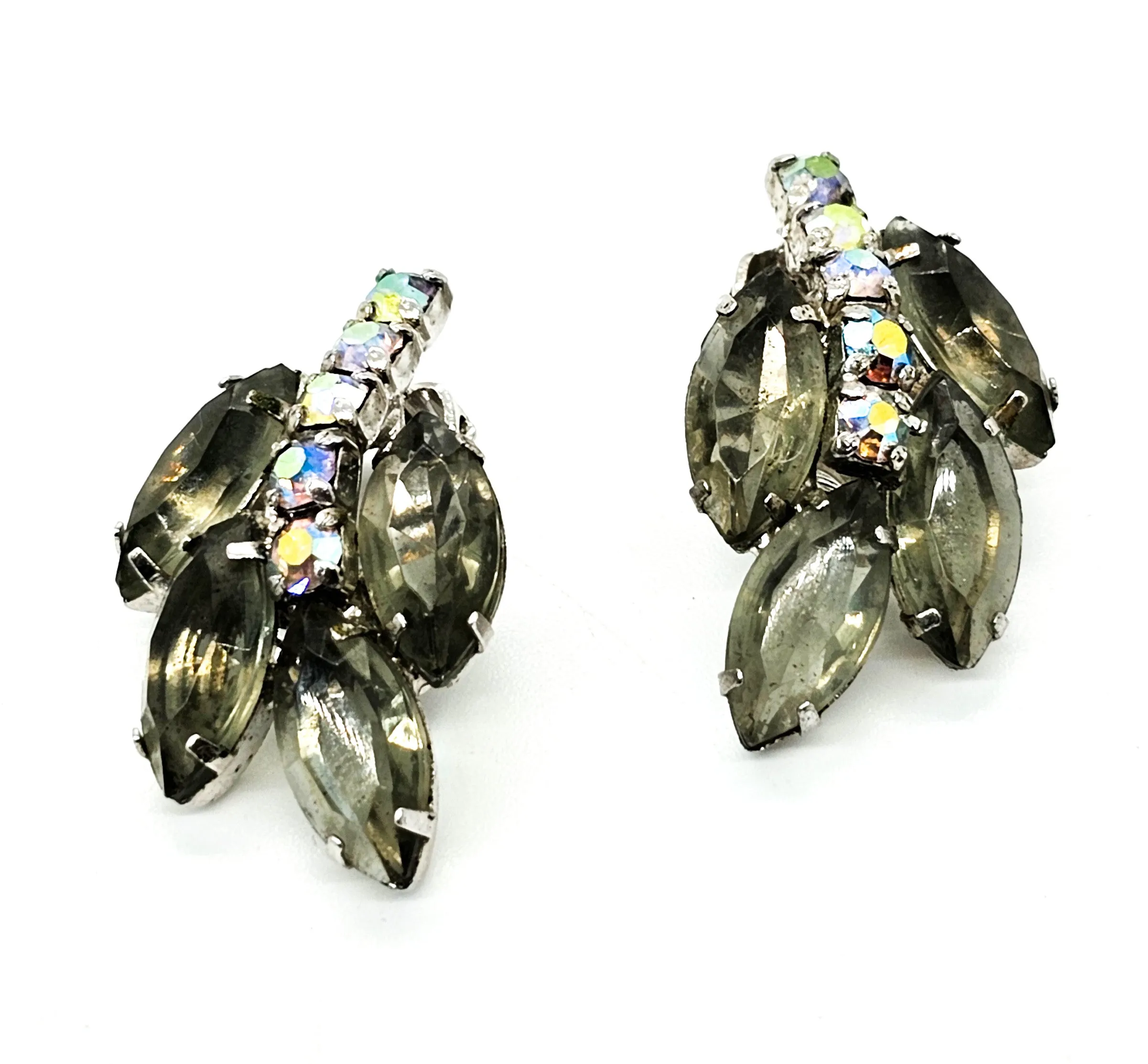 Smokey grey leaf Aurora Borealis mid century vintage clip on earrings