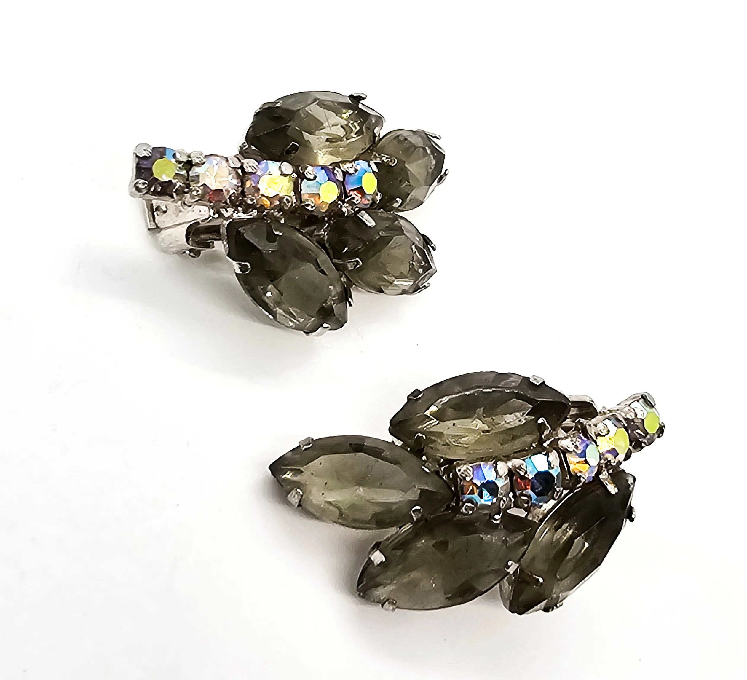 Smokey grey leaf Aurora Borealis mid century vintage clip on earrings