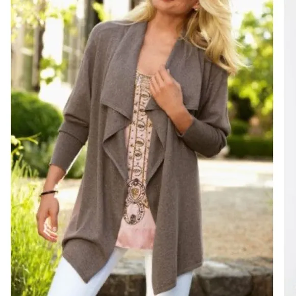 Soft Surroundings NWT Taupe Natural Marcella Cascading Open Front Cardigan Large