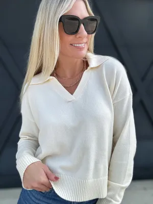 Soft Sweater Knitted Collared Top In Cream