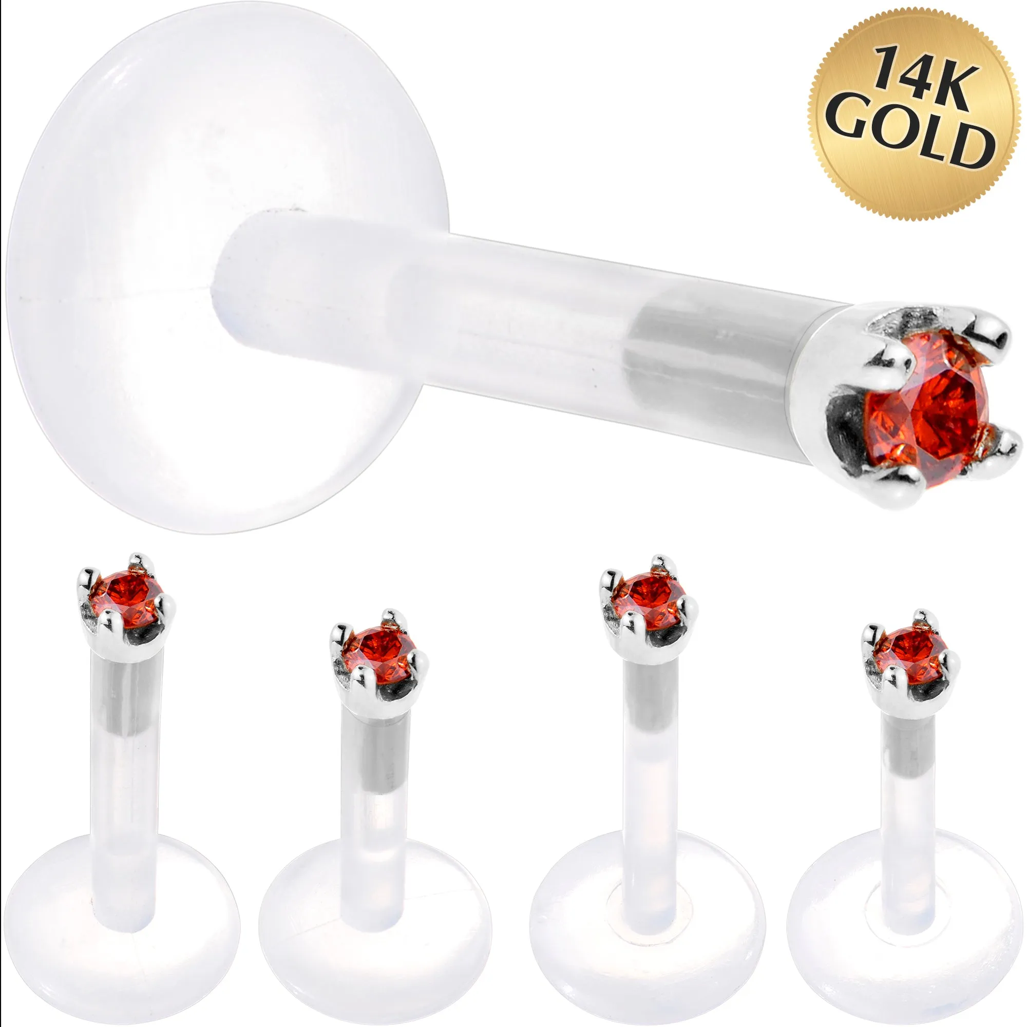 Solid 14KT White Gold 1.5mm Genuine Red Diamond Bioplast Push in Labret
