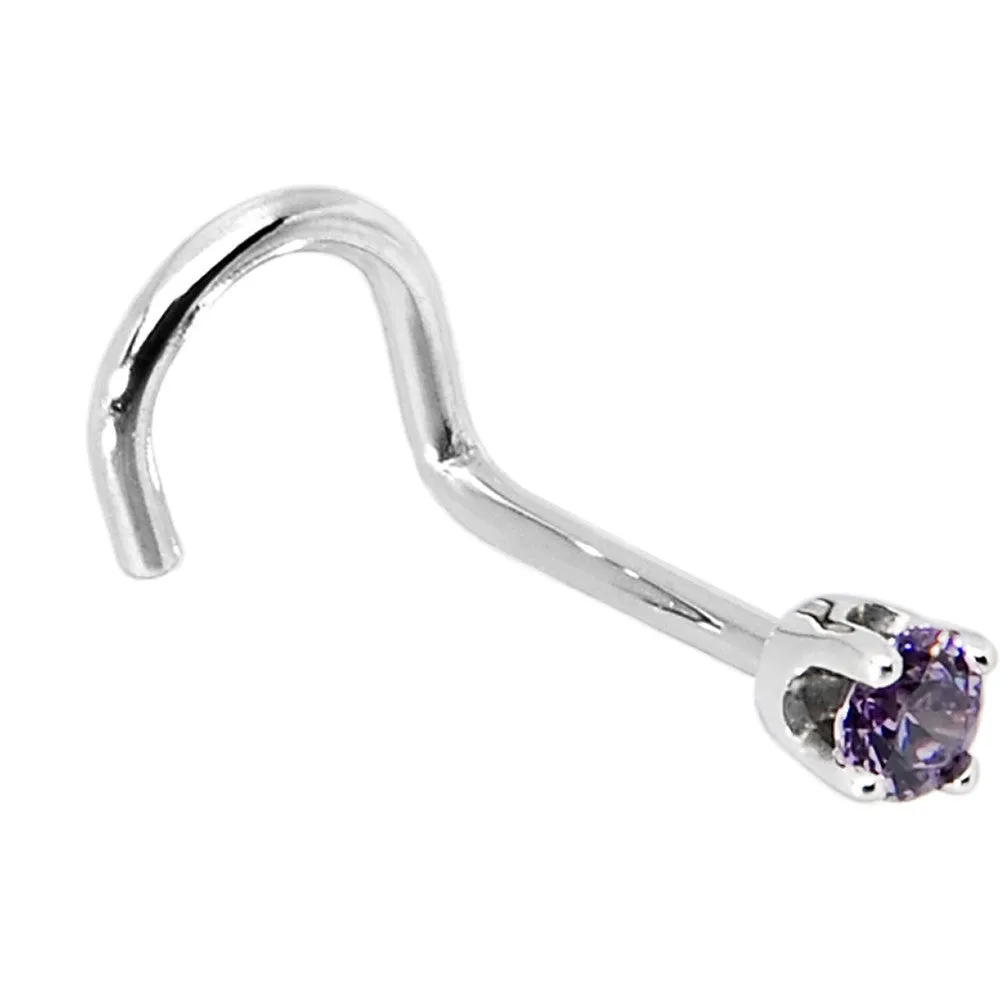 Solid 14KT White Gold 2mm Amethyst Cubic Zirconia Nose Ring