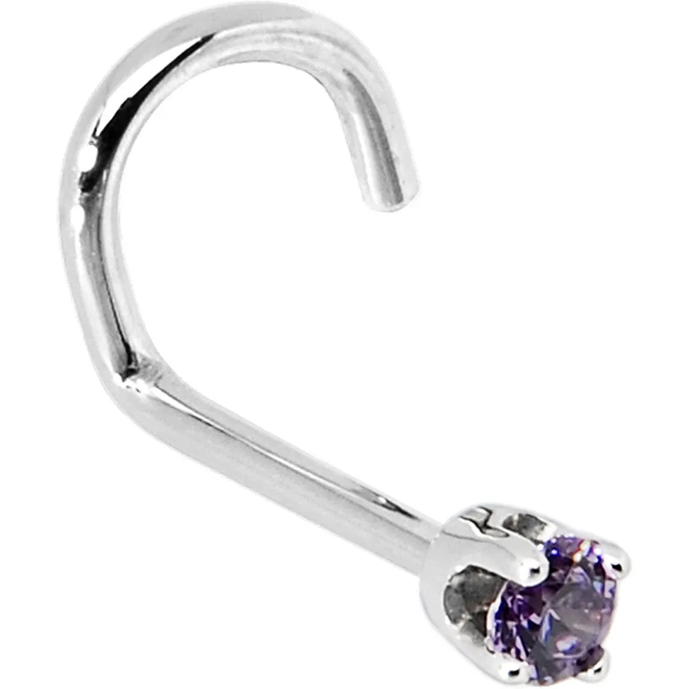 Solid 14KT White Gold 2mm Amethyst Cubic Zirconia Nose Ring