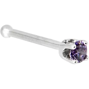 Solid 14KT White Gold 2mm Amethyst Cubic Zirconia Nose Ring