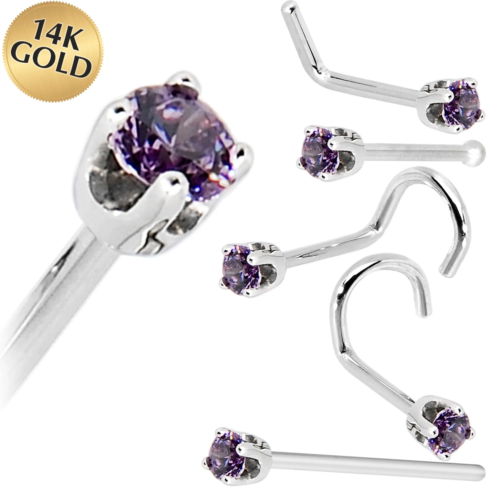 Solid 14KT White Gold 2mm Amethyst Cubic Zirconia Nose Ring