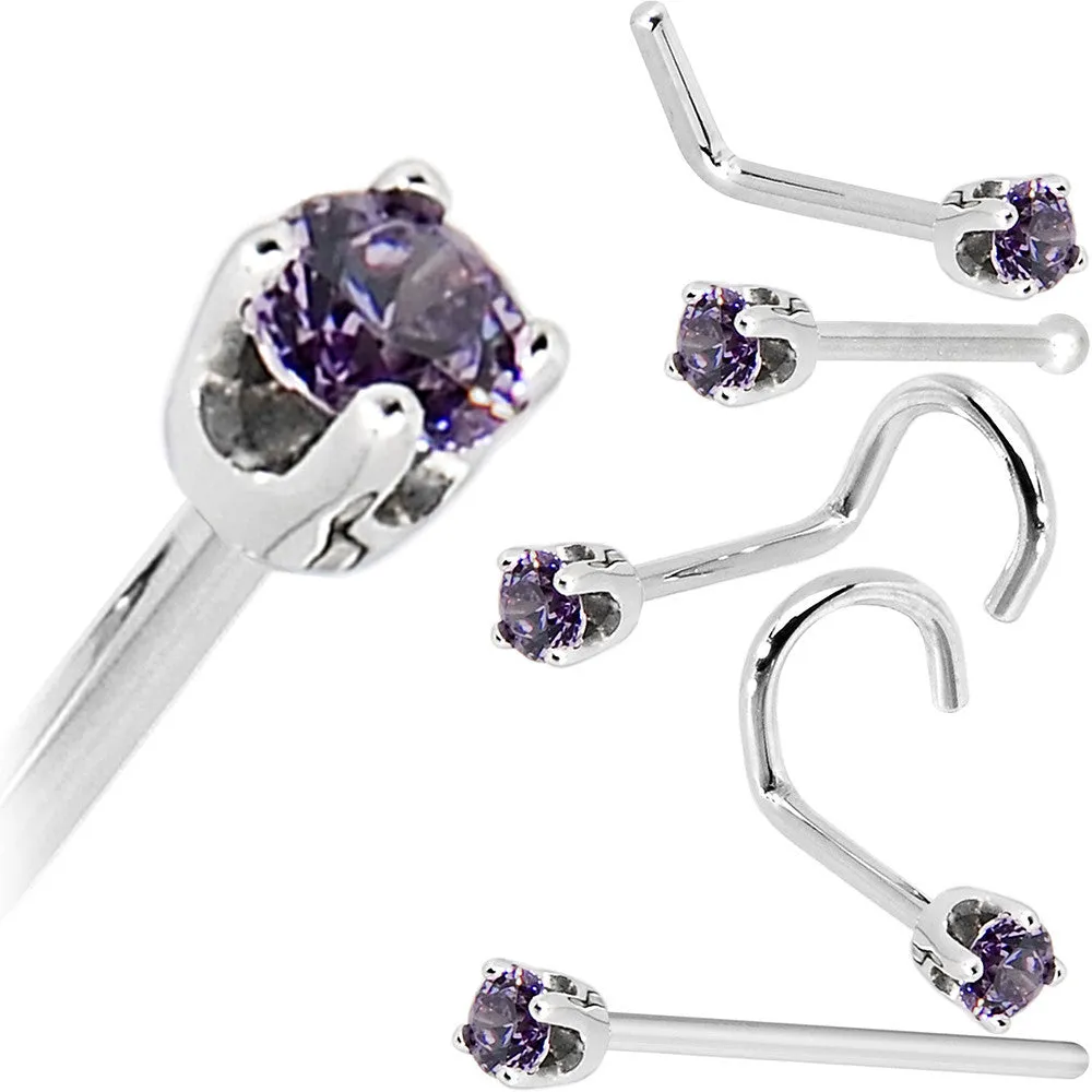 Solid 14KT White Gold 2mm Amethyst Cubic Zirconia Nose Ring