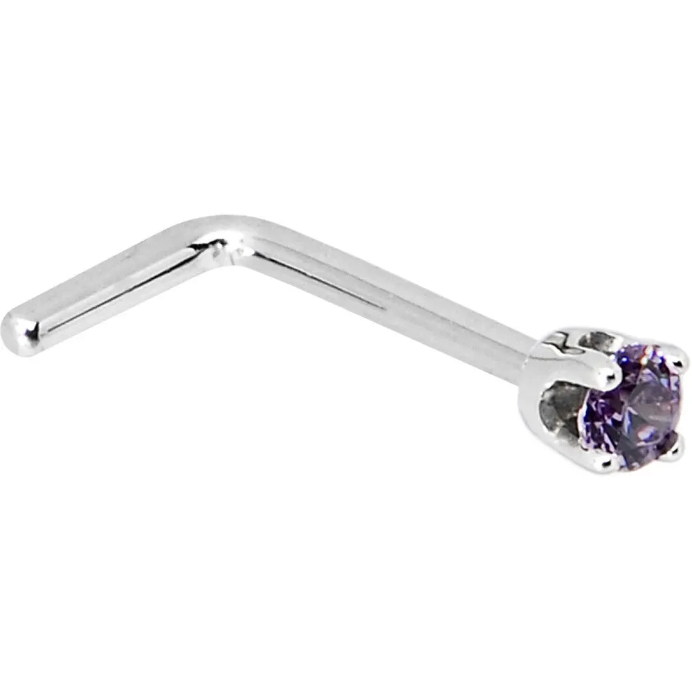 Solid 14KT White Gold 2mm Amethyst Cubic Zirconia Nose Ring