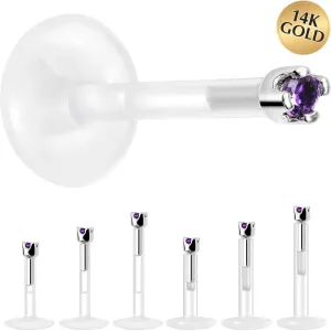 Solid 14KT White Gold February 1.5mm CZ Bioplast Push in Labret Monroe
