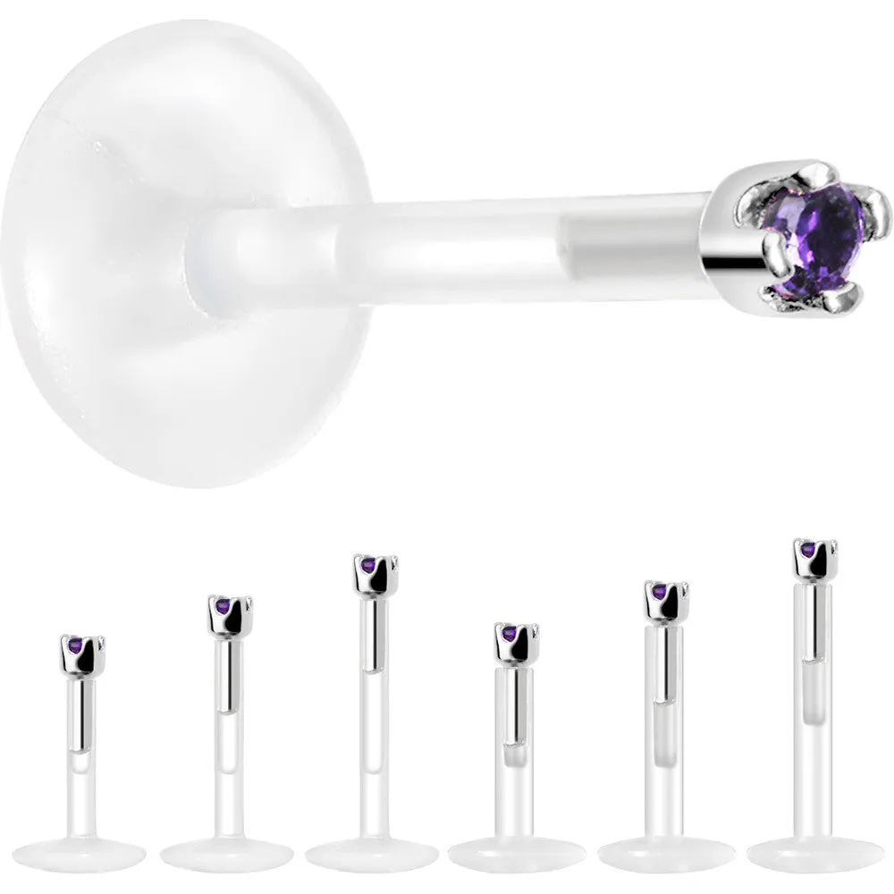 Solid 14KT White Gold February 1.5mm CZ Bioplast Push in Labret Monroe