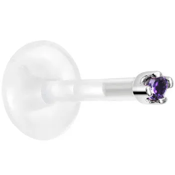 Solid 14KT White Gold February 1.5mm CZ Bioplast Push in Labret Monroe