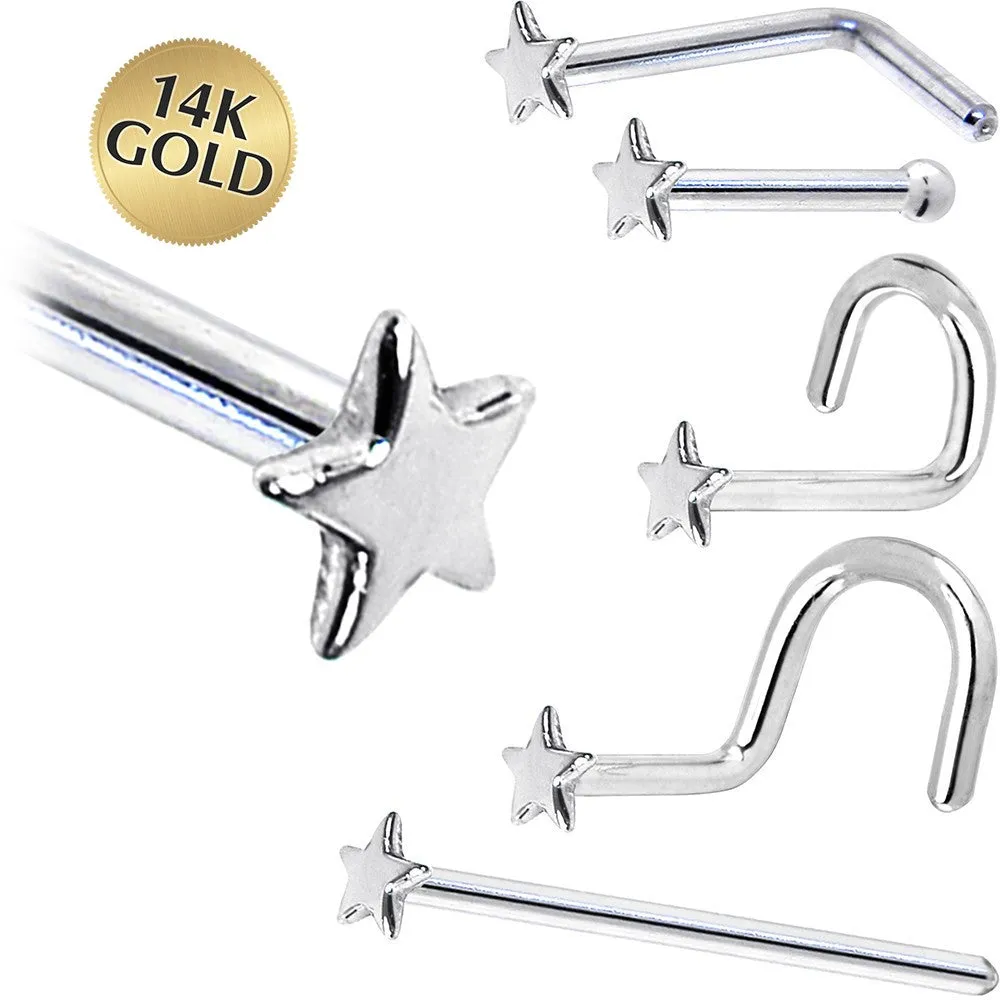 Solid 14KT White Gold Star Nose Ring