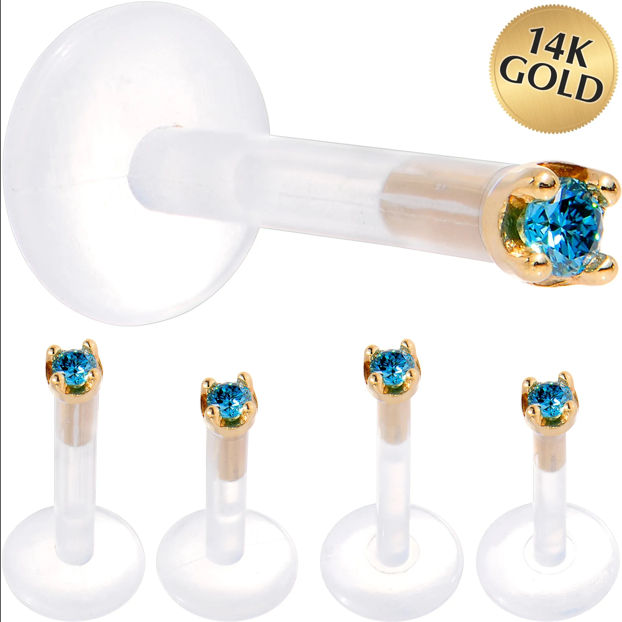 Solid 14KT Yellow Gold 1.5mm Genuine Blue Diamond Bioplast Push in Labret