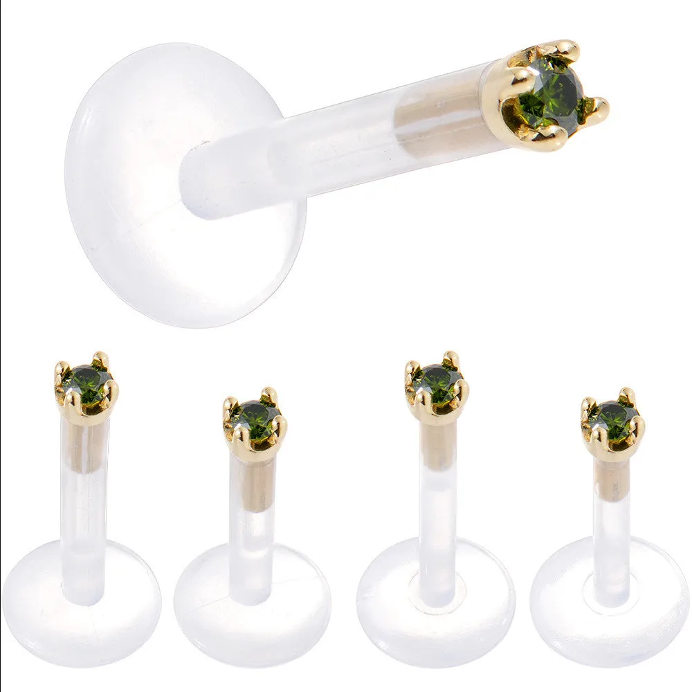 Solid 14KT Yellow Gold 1.5mm Genuine Green Diamond Bioplast Push in Labret
