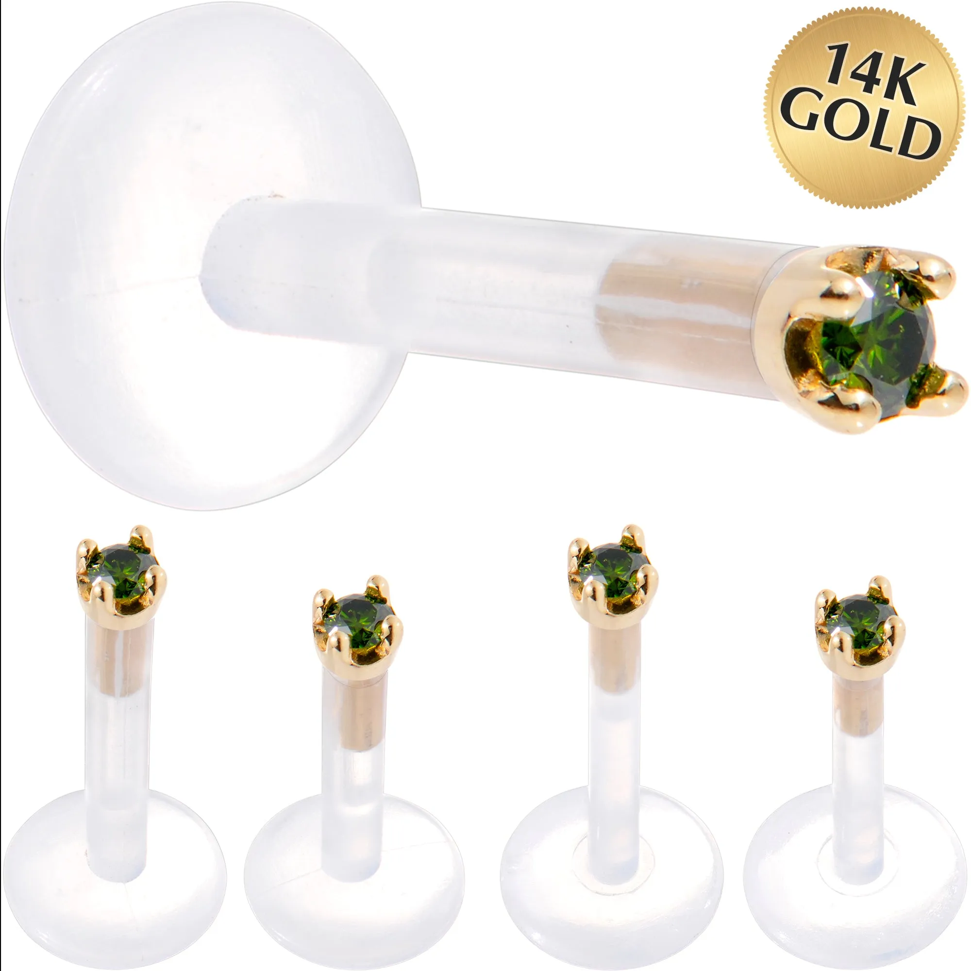 Solid 14KT Yellow Gold 1.5mm Genuine Green Diamond Bioplast Push in Labret