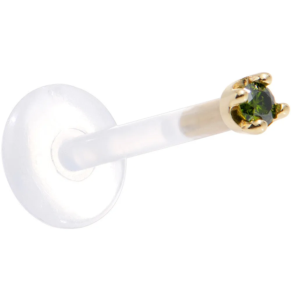 Solid 14KT Yellow Gold 1.5mm Genuine Green Diamond Bioplast Push in Labret