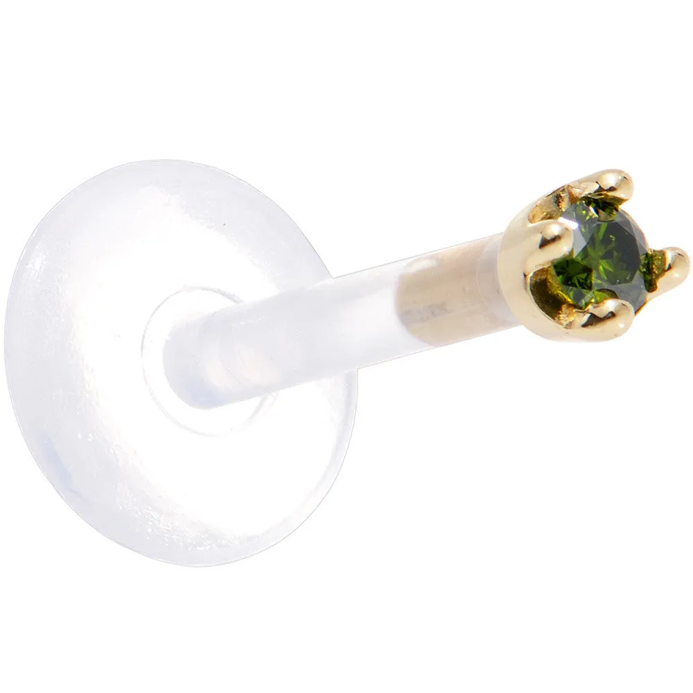 Solid 14KT Yellow Gold 1.5mm Genuine Green Diamond Bioplast Push in Labret