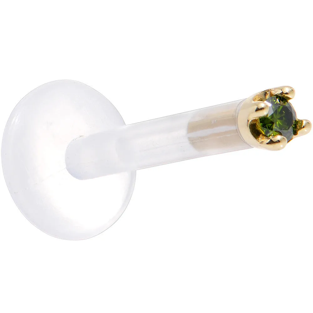 Solid 14KT Yellow Gold 1.5mm Genuine Green Diamond Bioplast Push in Labret