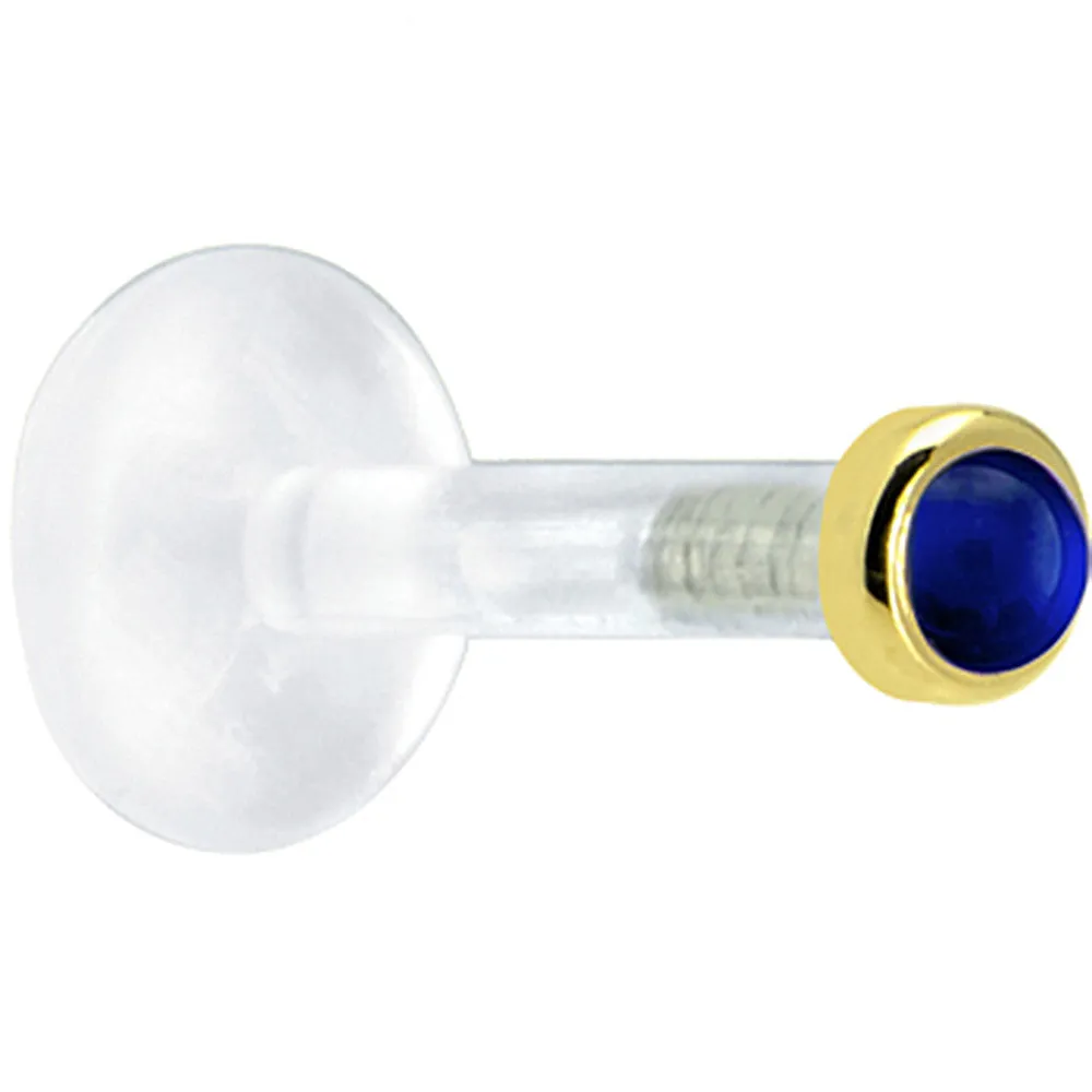 Solid 14KT Yellow Gold 2mm Genuine Blue Sapphire Bioplast Push in Labret