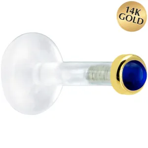 Solid 14KT Yellow Gold 2mm Genuine Blue Sapphire Bioplast Push in Labret