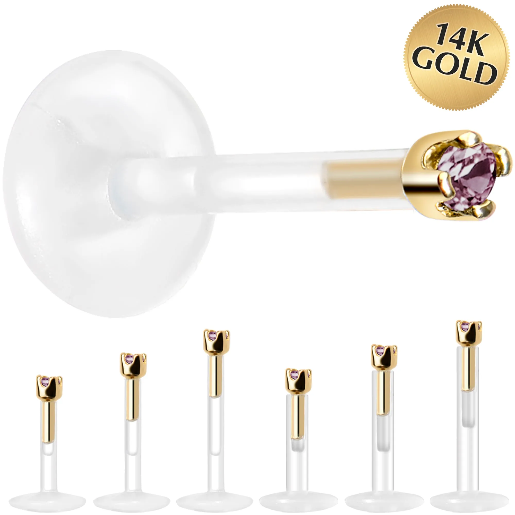 Solid 14KT Yellow Gold June 1.5mm CZ Bioplast Push in Labret Monroe