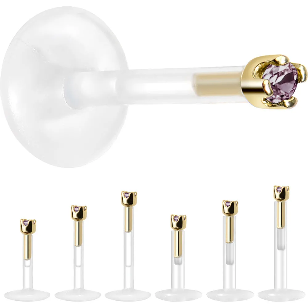 Solid 14KT Yellow Gold June 1.5mm CZ Bioplast Push in Labret Monroe