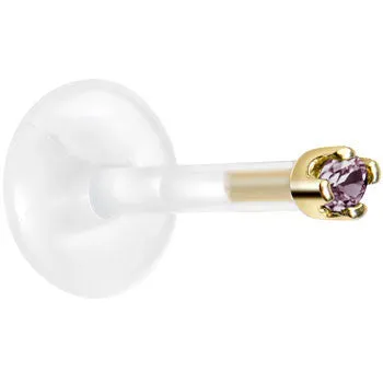 Solid 14KT Yellow Gold June 1.5mm CZ Bioplast Push in Labret Monroe