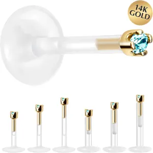 Solid 14KT Yellow Gold March 1.5mm CZ Bioplast Push in Labret Monroe