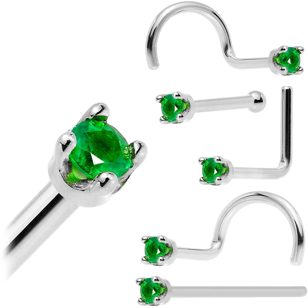 Solid 18KT White Gold (May) 1.5mm Genuine Emerald Nose Ring