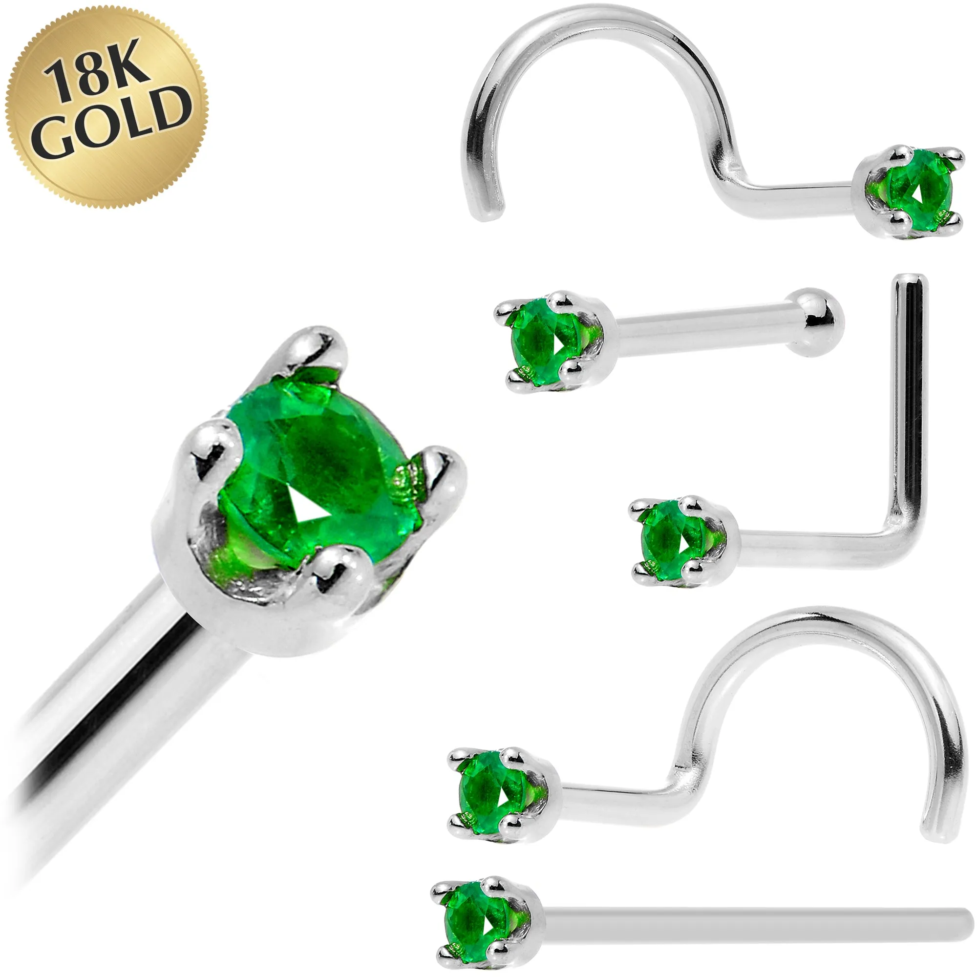 Solid 18KT White Gold (May) 1.5mm Genuine Emerald Nose Ring